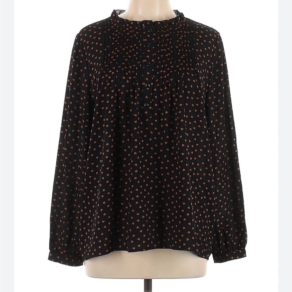 Adrianna Papell black gold heart sheer long sleeve Blouse Size Large Flirty
